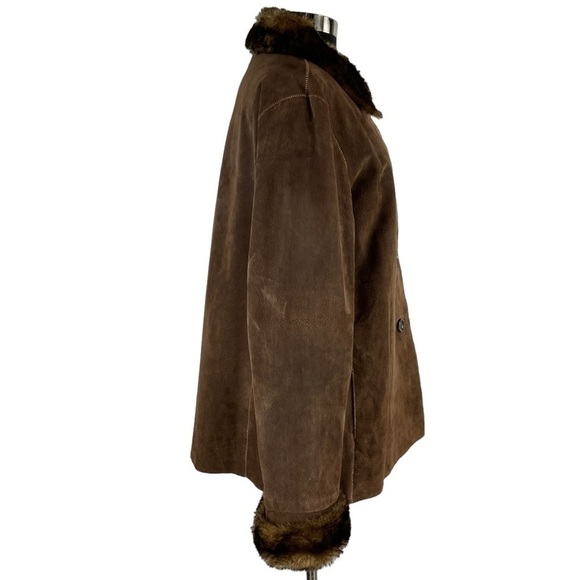 NEW YORK & CO PENNY LANE STYLE BROWN SUEDE LEATHER BUTTON DOWN FAUX FUR JACKET - Picture 7 of 14